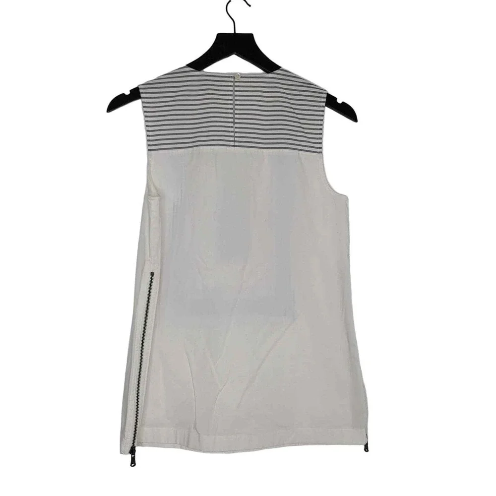 J Crew Sleeveless Beaded Tunic Top‎ 0 White Blue Stripe Side Zip Round Neck Boho